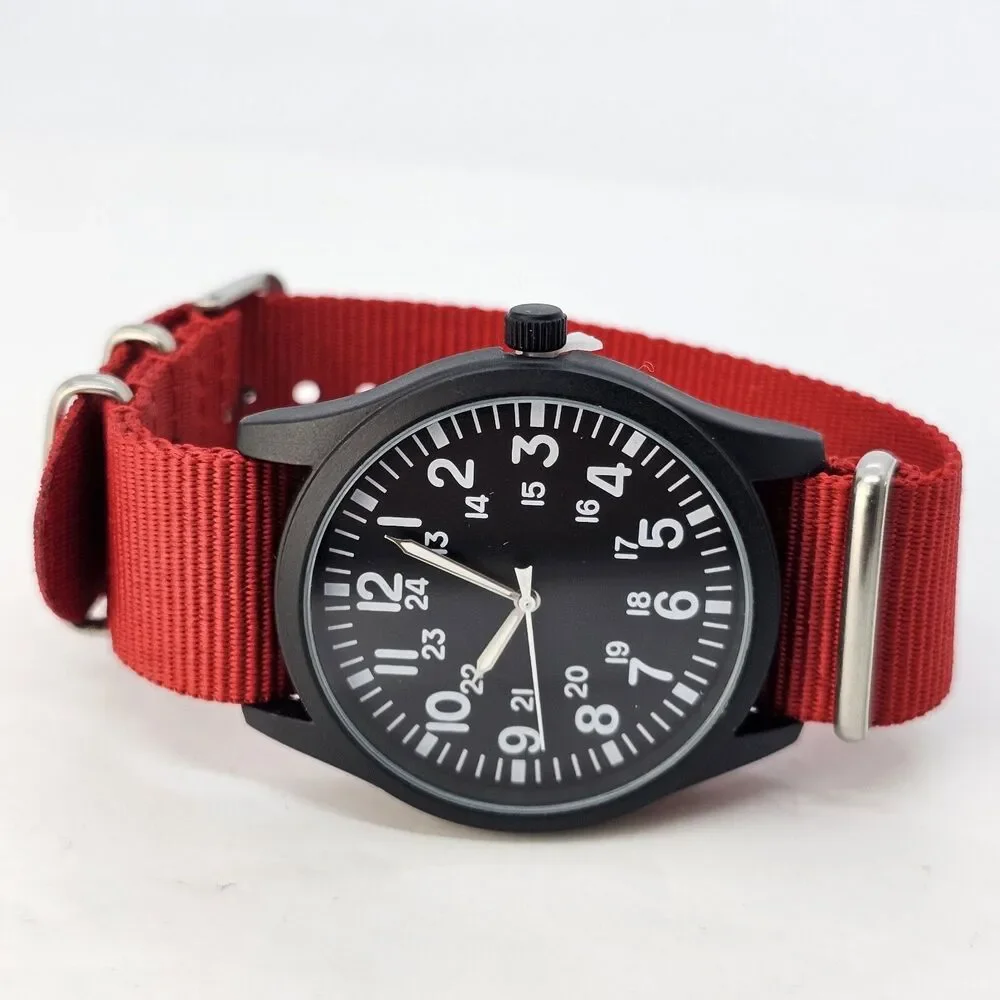 Men's Field Watch 42MM Black Dial Black‎ Case Red Canvas Band
